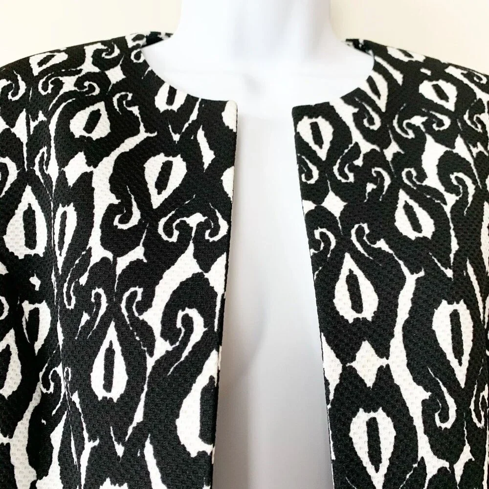 Kasper Suit Jacket Blazer Black & White Print‎ Open Front Women's Size 8